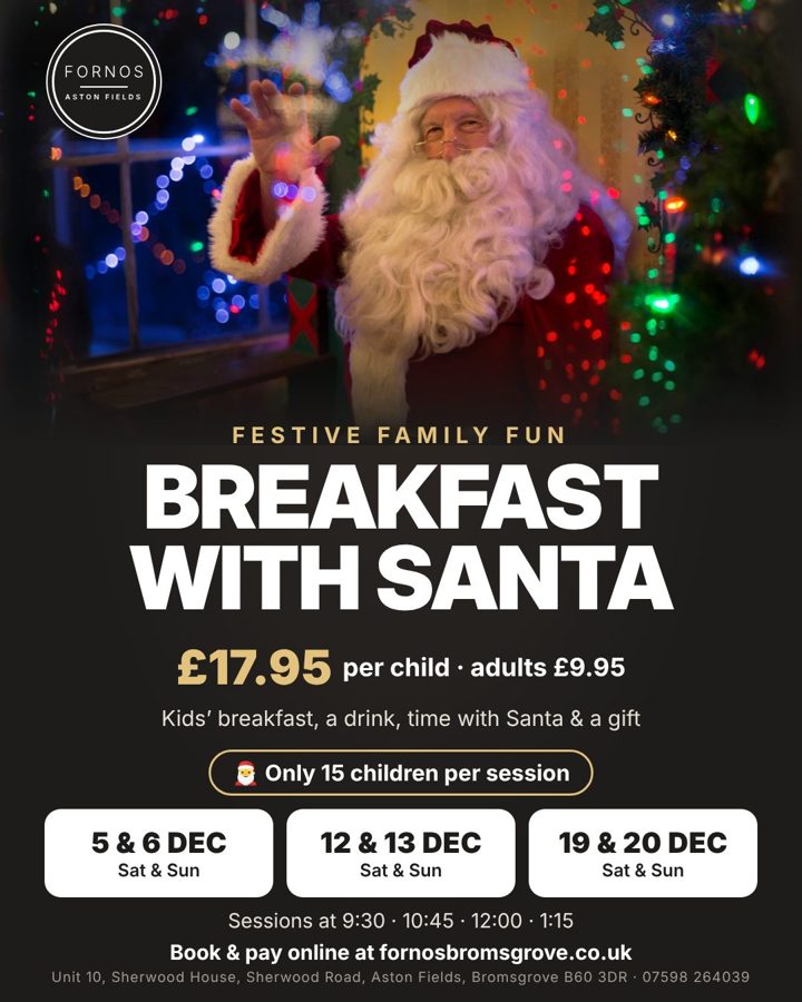 Breakfast with Santa at Fornos poster: weekends 5–20 December, £17.95 per child, adults £9.95