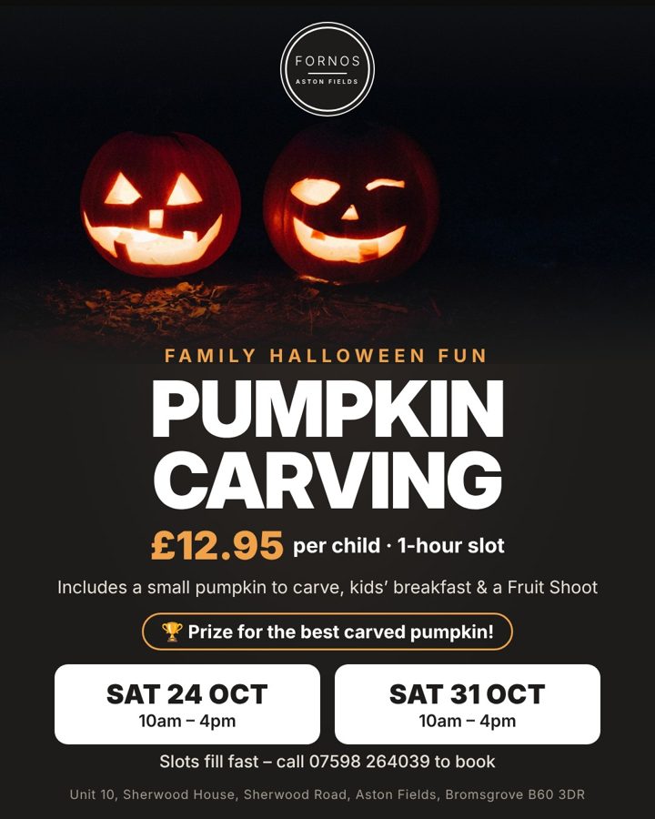 Pumpkin carving at Fornos poster: Saturday 24 and 31 October, 10am to 4pm, £12.95 per child